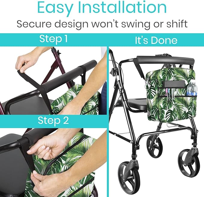 Vive Wheelchair Bag - Machine Washable, Double-Stitched, Water-Resistant Accessory Backpack for Rollators, Wheel Chairs, Walkers - Pouch with XL Pockets & Straps for Quick Installation