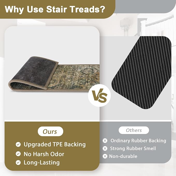sarben 8"x30" Non Slip Stair Treads for Wooden Steps 15Pk,Dark Green Brown | Peel and Stick Carpet Stair Runner with TPE Adhesive Backing, Carpet for Added Safety, Pet and Senior Friendly
