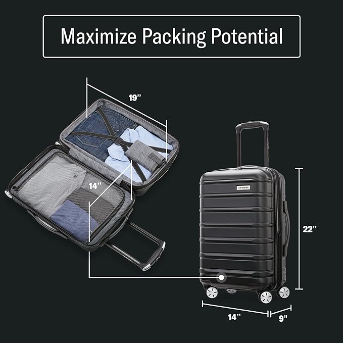 Omni 2 Airline Approved Carry-On Luggage – Stress-Free Size Meets 22x14x9" Requirements – For Fast Trips & Avoiding Baggage Fees – Dual 360° Spinner Wheels, USB Power Hub, Expands 1.5” – Black