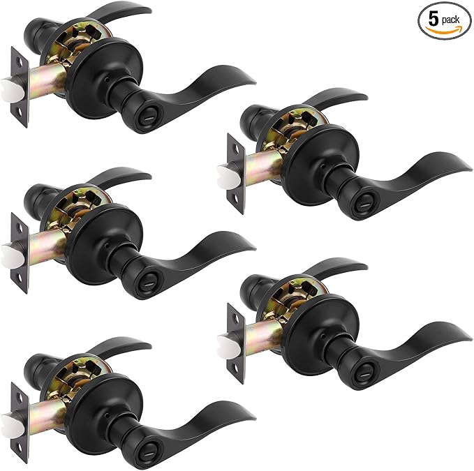 Gobrico 5 Pack Interior Privacy Door Handles, Matte Black Bed and Bath Door Levers, Wave/Drop Knob Without Key for Left/Right-Handed Doors