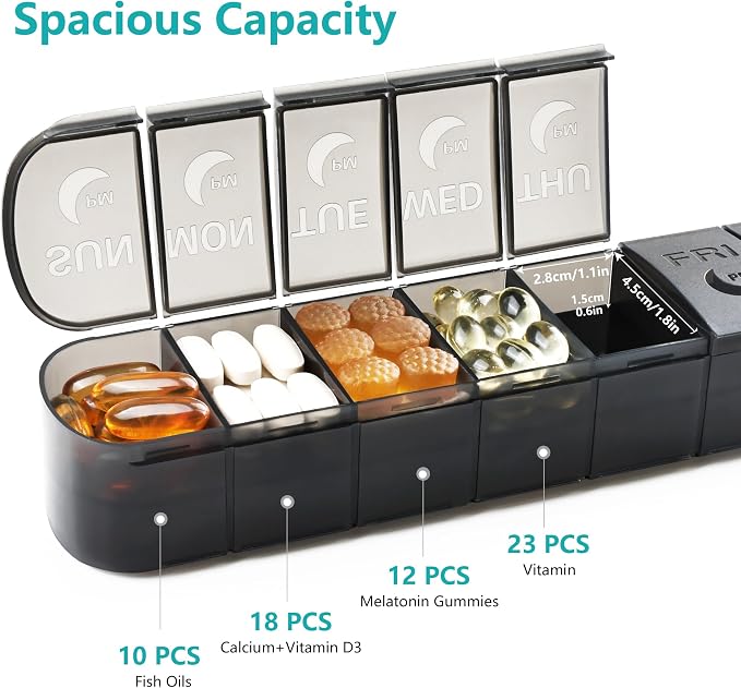 FHORAIN XL AM PM Pill Organizer 2 Times a Day, Fade Resistant Extra Large Weekly Pill Box 7 Day, Double-Sided 14 Compartments for Vitamins, Fish Oil, Supplements & Gummies (Black)