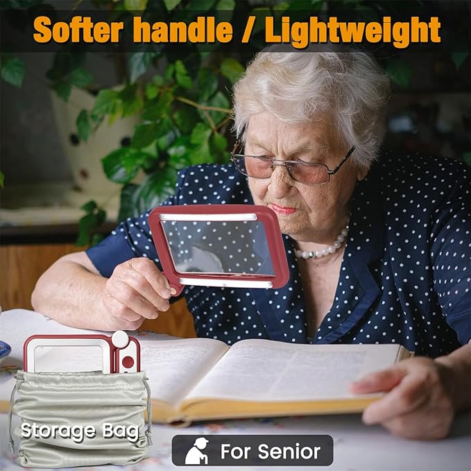 Rechargeable Magnifying Glass with Light for Reading, 5X Large Page Magnifier with LED Lighted for Seniors Low Vision, Folding Handheld Rectangle Magnifier for Reading Small Print, Red-White