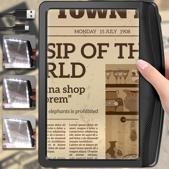 5X Rechargeable Magnifying Glass for Reading, Large Bright LED Lighted Full Page Magnifier, Lightweight Rectangular Handheld Magnifier with Light for Reading Small Prints for Seniors, Black