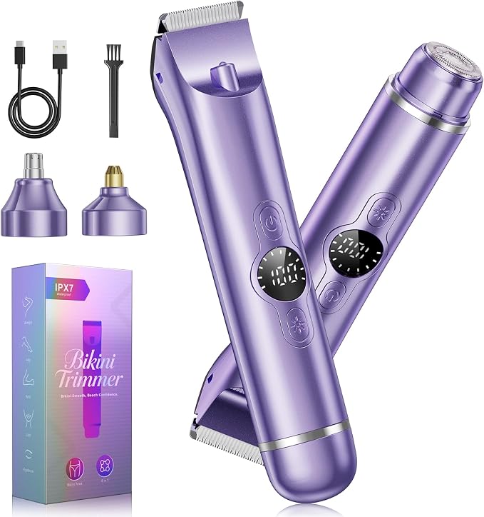 4 in 1 Bikini Trimmer for Women, Electric Razors for Women - Dual Head, Wet & Dry Use Pubic Body Hair Trimmer Electric Shavers, Rechargeable Womens Facial Razors for Legs, Nose, Armpits, Bikini Area