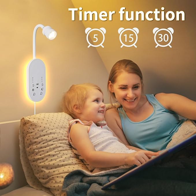 LED Wall Mounted Reading Light for Bed, Book Light for Reading with Touch Control, Stepless Dimmable, Flexible Gooseneck Bed Light with USB C+A, Night Light & Timers Function (White)