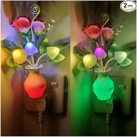 2Pack Plug in LED Night Light w/Auto Dusk to Dawn Sensor,AUSAYE 0.5W Energy Saving Lamp Dream Nightlight Rose Flower Mushroom Lights for Kids Adults Bedroom,Bathroom,Living Room,Kitchen,Hallway
