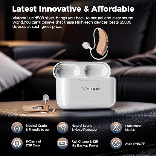 Rechargeable Hearing Aids for Seniors Adults, Advanced Multi Channel Digital BTE Hearing Assist, with Recycle Charging Case for 125 Hrs Backup Power, Auto-On/Off, Pair, Lucid508-beige