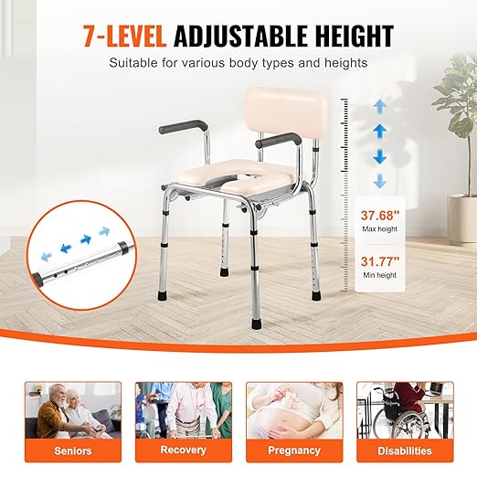 VEVOR Commode Chair, Bedside Commode with Padded Seat, Drop-Down Arms, 7-Level Adjustable Height, 5.8L Removable Bucket, Easy to Assemble, 350LBS Capacity, Portable Toilet for Adults Seniors
