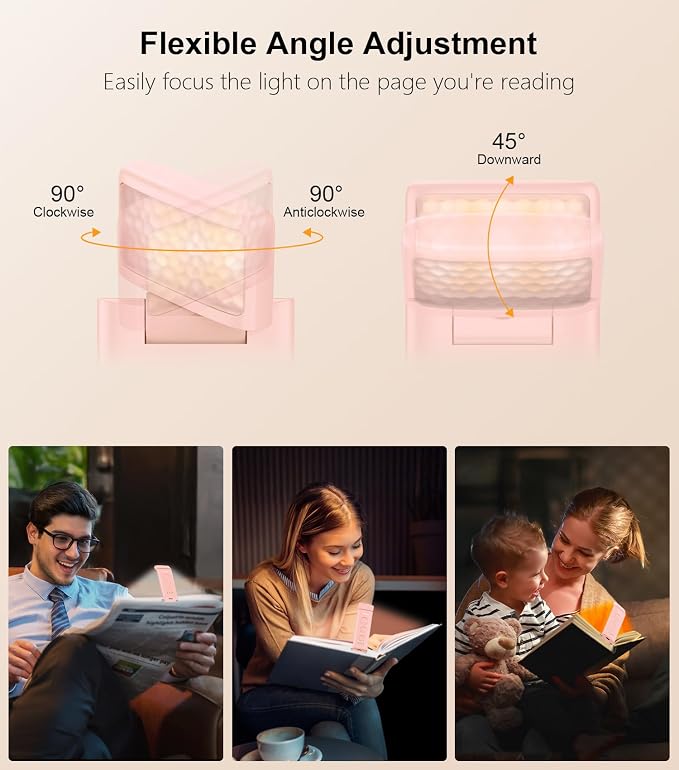 Gritin Book Light Rechargeable, Clip on LED Reading Light for Books in Bed | Eye Caring 3-Color & 5-Brightness, Stepless Dimming, Long Lasting, Compact Size Flexible Book Lamp for Bookworms-Pink
