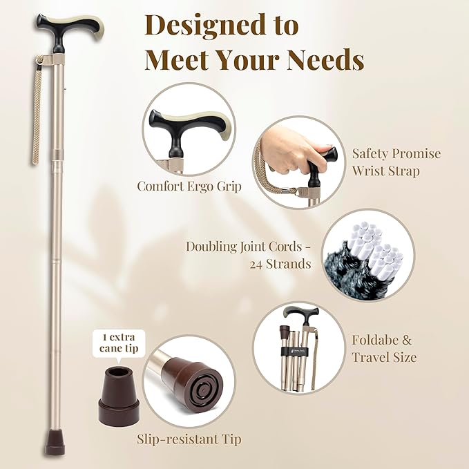 Merry Sticks Lightweight Foldable Walking Canes for Women and Men, Adjustable & Collapsible Walking Stick for Seniors, Non-Slip Ergonomic Handle with 1 Extra Replacement Cane Tip – Champagne Gold