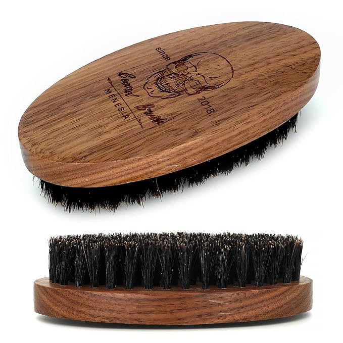 Walnut Wood Boar Bristle Beard Brush for Men | Soft & Smoothing Boar Bristles, Skull Print, Small Pocket Travel Size