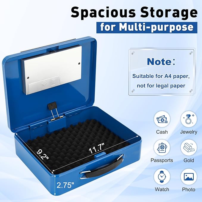 KYODOLED Blue Safe Box with Digital Keypad Lock, Lock Box with Code for Personal Items, Metal Security Box for Cash, Passport, Jewelry, Ideal for Home, Office, Garage Sale, 11.8'' x 9.4'' x 3.5''
