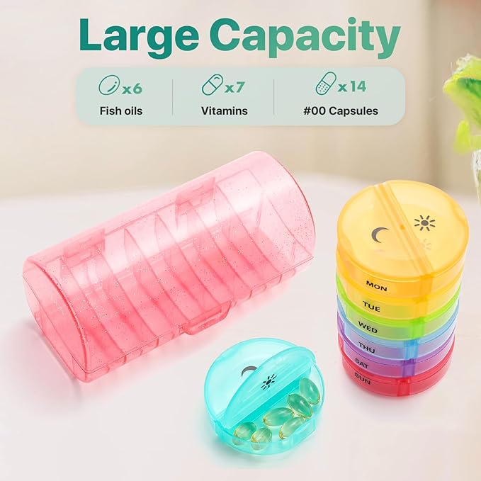 Sukuos Large Weekly Pill Organizer 2 Times a Day, Daily Pill Box 7 Day Easy to Open with Double Protection, AM PM Pill Case for Medicine/Vitamin/Fish Oil/Supplements (Glitter Pink)