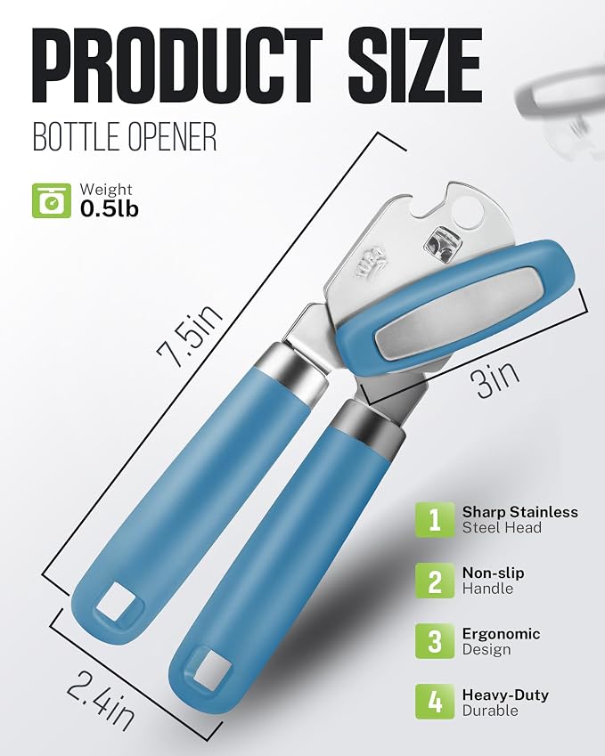Multifunctional Can Opener Manual, Durable Heavy Duty Handheld Strong Can Opener with Smooth Cutting Edge, Friendly Kitchen Essentials Tool for Seniors, Camping and Bottle Opening-Blue