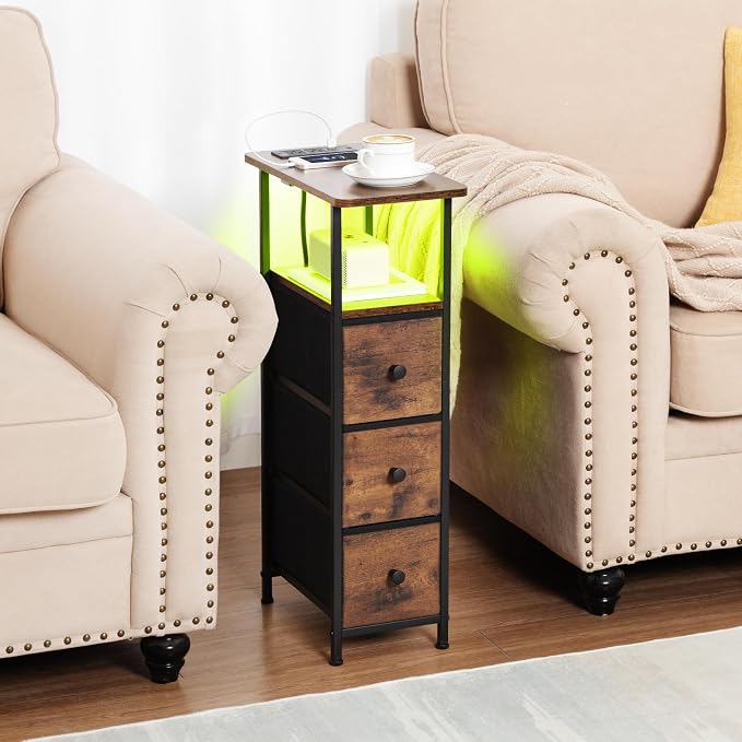 Narrow End Table with Charging Station, Small Nightstand | Skinny Side Tables Living Room with 3 Fabric Drawers, Bedside Table with LED Lights for Bedroom, Small Spaces, Rustic Brown