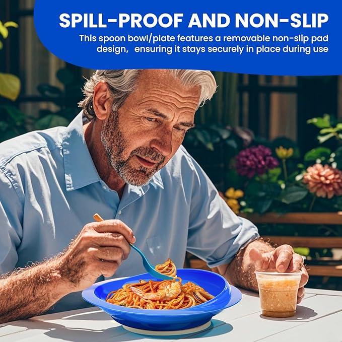 Spill Proof Scoop Plate and Bowl with Non-Skid Suction Base, Adaptive Self-Feeding Dinnerware for Elderly and Disabled