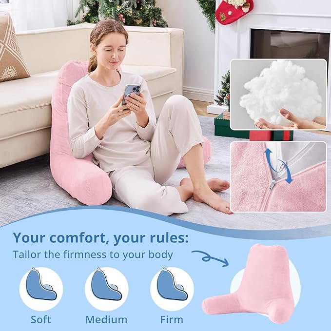 Sasttie 25-inch Reading Pillows for Sitting in Bed Adult, Jumbo Velvet Back Pillow Bed Sitting Up, XL High Back-Rest Support Cushion for Sit Up on Couch & Floor, Oeko-Tex Certified, Pink