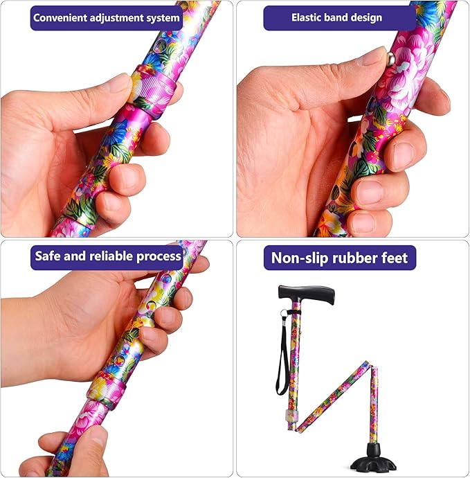 Floral Canes for Women Folding Cane for Stability with Non-Slip Base, Adjustable Walking Cane for Seniors - Lightweight Collapsible Walking Sticks with T & Offset Handle