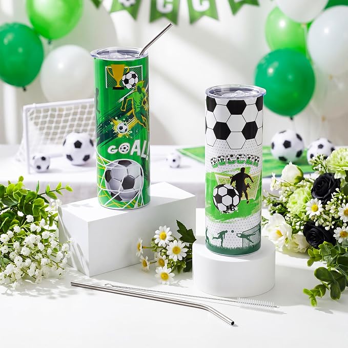 Geiserailie 2 Pack Soccer Tumbler Cups Gifts 20 oz Insulated Stainless Steel Sports Travel Mug with Lids Straws for Christmas Father's Day Men Dad Soccer Lovers Fans
