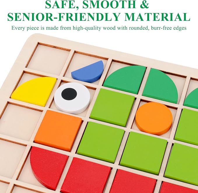 120 Pieces Wooden Puzzle Blocks for Seniors | Memory Games for Adults, Dementia Must Haves, Tangram Puzzles for Elderly, Alzheimer's Activity Board
