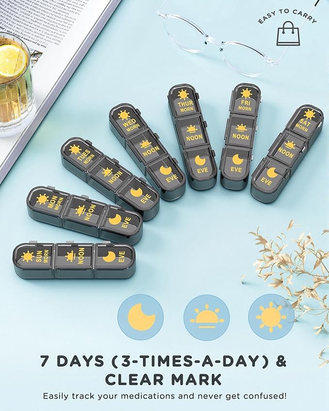 Acedada Weekly Pill Organizer 3 Times A Day, Large 7 Day Pill Box 3X A Day, Portable Medicine Container with 21 Compartments, Daily Travel Pill Case for Vitamins Supplements Fish Oils, Black