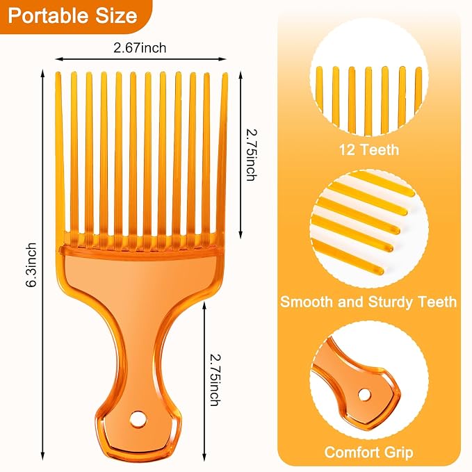 SIMPOR 2 Pcs Hair Pick Comb Wide Tooth Lift for Hair Styling Detangling, Plastic Afro Pick for Women Men, Fist Picks for Curly and Afro Hair (Clear Orange, Black)