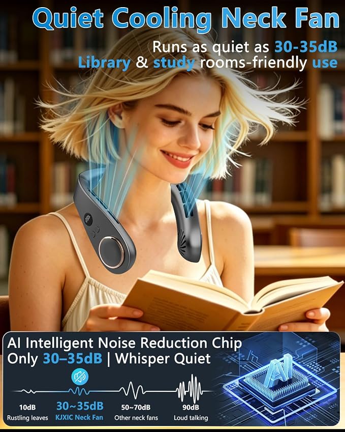 Neck Fan with Cooling Plate-35dB Quiet Powerful fans that blow cold air-5 Speed&Power LED Display-24H USB 5500mAh Bladeless Wearable Personal AC Cooler for Women,Men,Kids,Travel,Outside,Indoor Black