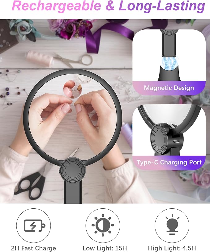 5X 15X Hands Free Magnifying Glass with Light for Reading 3 Color 48 LEDs, Neck Wear Magnifier with Light Hands Free for Reading Books, Crafts, Cross Stitch, Sewing, Close Work, Seniors, Low Vision