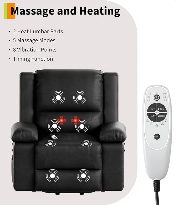Garvee Power Lift Recliner Chair - Heat and Massage, PU Leather Electric Lift Recliner for Elderly & Mobility Impaired，Reclining Sofa with Side Pocket for Living Room