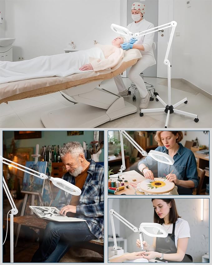 10X Magnifying Glass with Light and Stand, Large Rectangle Optical Glass Lens Floor lamp with 5 Wheels Rolling Base, 5 Color Modes LED Lighted Hands Free Magnifier for Reading Esthetician Facial Craft