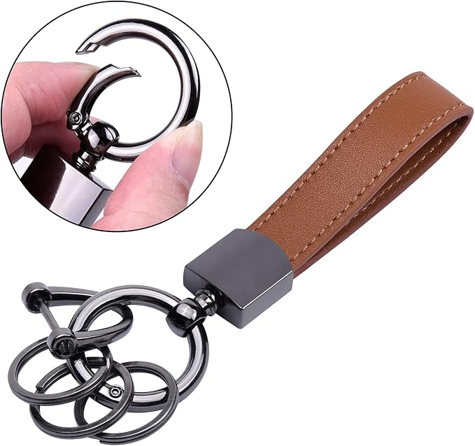 Wisdompro Genuine Leather Car Keychain, Universal Key Fob Keychain | Leather Car FOB Key Chain Holder for Men and Women, 360 Degree Rotatable, with Anti-lost D-ring and 3 Keyrings