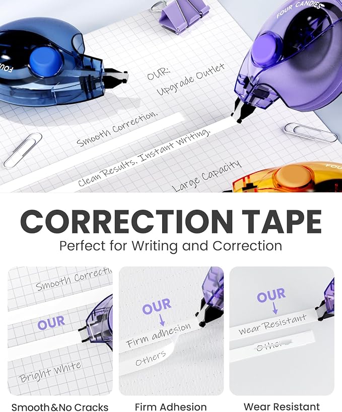 Four Candies Silent Correction Tape, White Correction Tape 12 Pack, 26.2ft | Ergonomic Easy-to-Use Applicator,Fast Clean Instant Corrections, Smooth High-Opacity Tear-Resistant Office & School Supplies