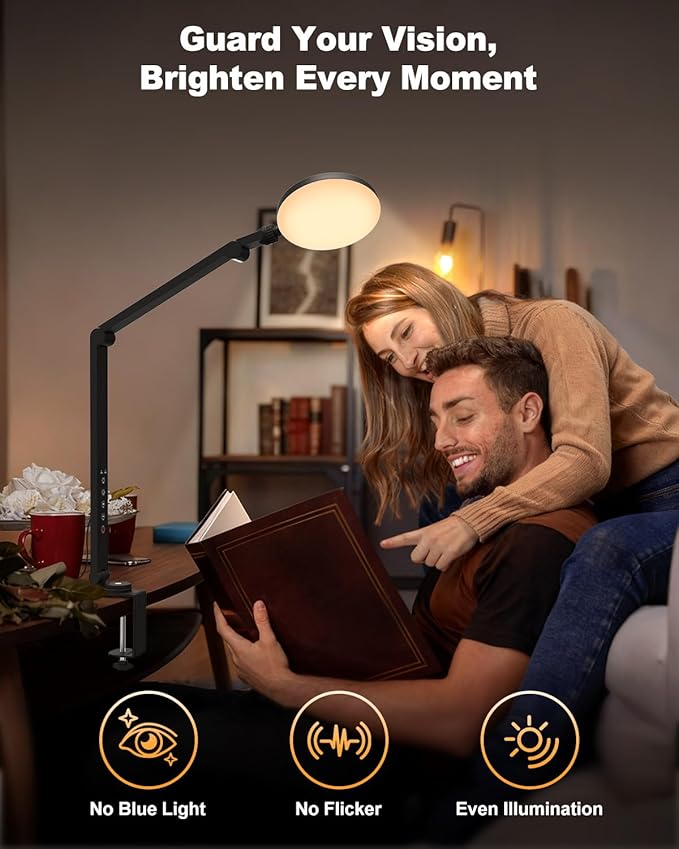 Desk Lamp, ZAPLIT 10W LED Desk Light with Clamp & Adjustable Arm for Home Office, Touch Control Eye-Care Light for Reading with 5 Color Temps (1700K-6000K) & 10 Brightness, Timer, USB Adapter Included