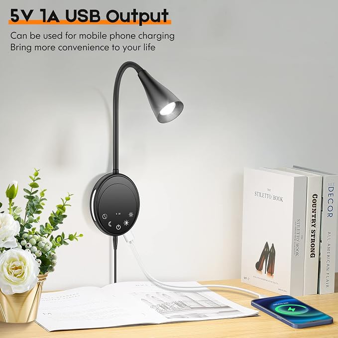 SANKEDOU Wall Mounted Reading Light, Bedside Headboard Lights with 5 Dimming & Color Temperature, USB Output, Night Light & Timers Function, Flexible Gooseneck 3000K-6000K Upgrade Bed Lamp (Black)
