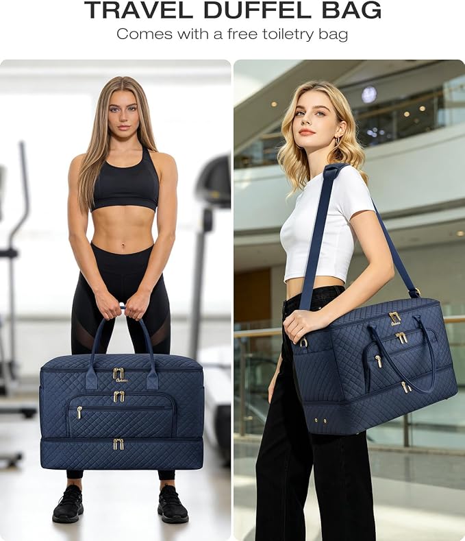 Travel Duffle Bag, Wide Open Large Weekender Bag for Women with Shoe Compartment, Carry on Overnight Bags with Toiletry Bag, Hospital Bag for Women Labor Delivery with Wet Pocket (Navy)