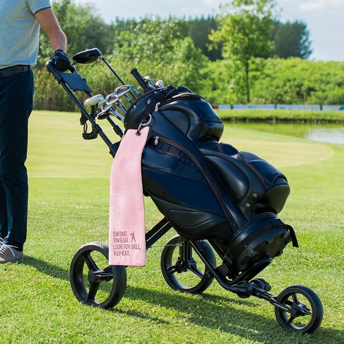 Swing Swear Look for Embroidered Pink Golf Towel, Funny Golf Towels for Bag with Clip, Birthday Retirement Gifts for Grandma Mom Sister Friend Aunt Golfer, Ladies Golf Towel