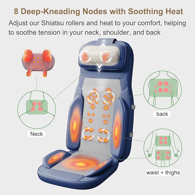 Rainwolf Shiatsu Neck and Back Massage Cushion with Heat - 4D Deep Tissue Kneading Full-Back Massager for Relief Fatigue, Adjustable Intensity & Height, for Office Chair & Home