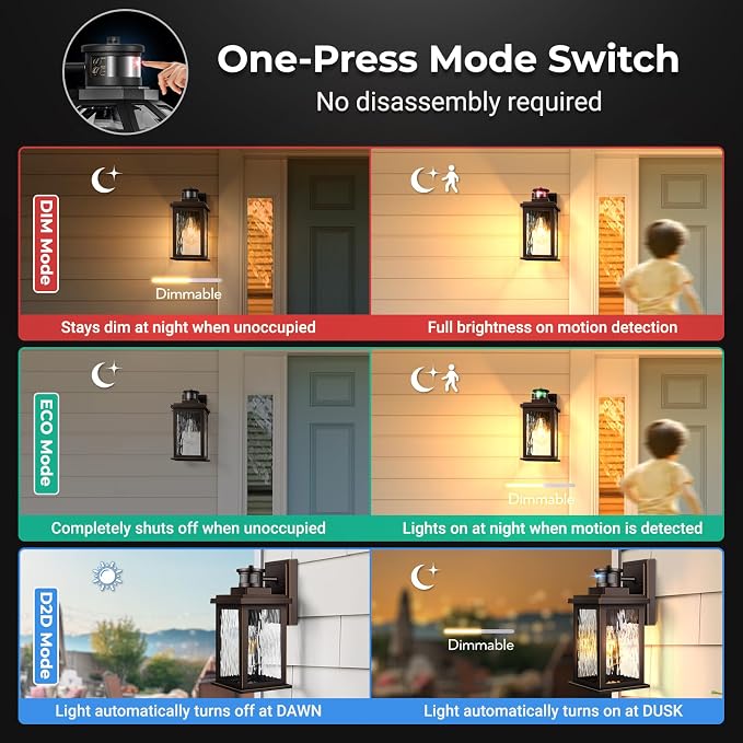 VIANIS Motion Sensor Outdoor Light Fixture, 2 Pack Outdoor Wall Lights | Adjustable Sensitivity, Oil-Rubbed Bronze, Anti-Rust Aluminum, Waterproof Outdoor Lanterns for Porch, Front Door, Entrance