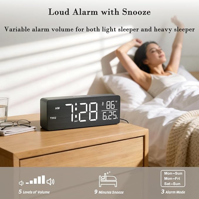DreamSky Wooden Digital Alarm Clock with Date & Day of Week for Bedroom | Large Display Desk Clock for Living Room, Temperature, Dimmer, Adjustable Volume, Auto DST, Office Wood Décor (Plug-in)
