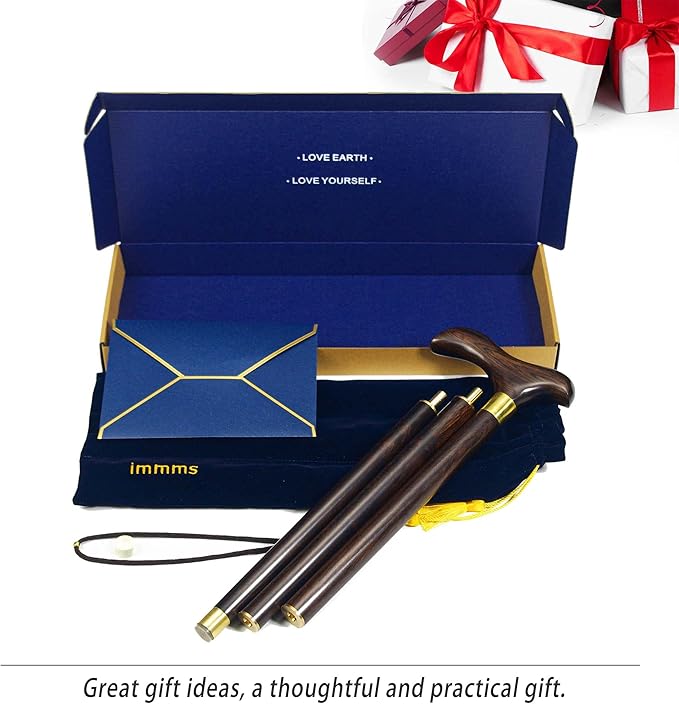 Folding Wooden Walking Cane for Men – 3-Piece Solid Wood Walking Stick with Brass Joints, Portable Travel Cane with Carry Bag, Wrist Strap & Gift Box