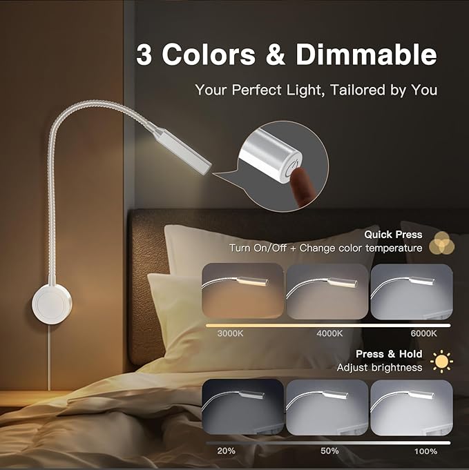 VST Books Lights for Headboard, Bedside Wall Mounted Reading Lamp, Reading Light Touch to Adjust Color Temp (3000K/4000K/6000K) and Brightness, USB/Type-C Charging Ports, 20W Driver, ETL-Listed