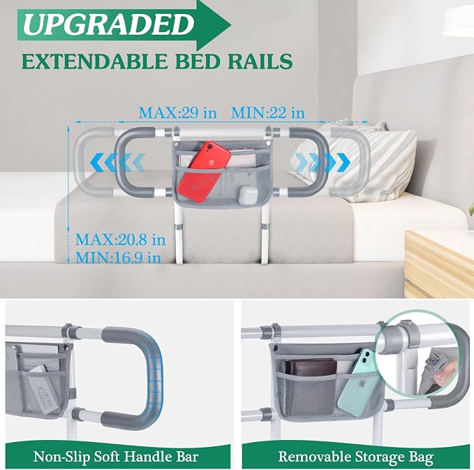 Bed Rails for Elderly Adults Safety - Extended Bed Assist Rail for Seniors - Adjustable Beds Side Rails Handle Support Bar Bed Guard with Storage Bag & Fixing Strap, Fit King Queen Full Twin Beds