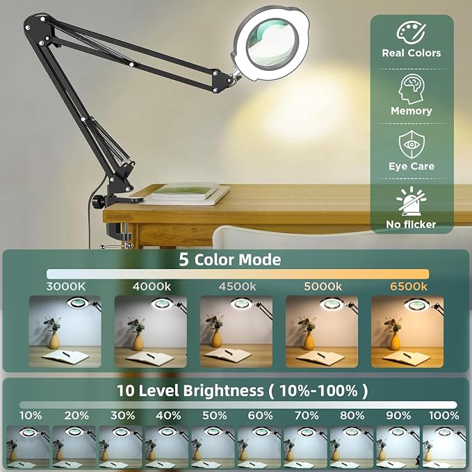 Hands Free Magnifying Glass with Light and Clamp,10X Lighted Magnifying Desk Lamp with 5 Color Modes & 10 Brightness Levels, LED Magnifier with 360° Arm for Reading, Crafts, Soldering, Close Work
