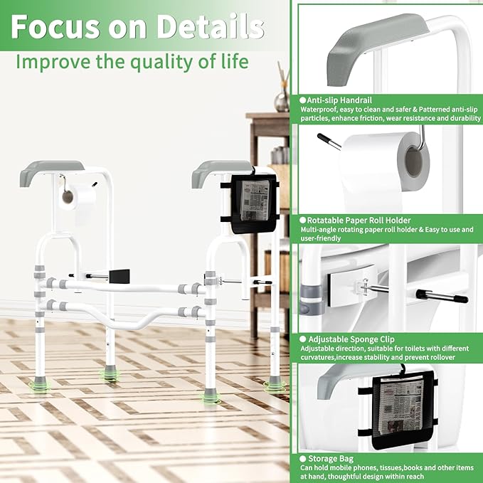 Foldable Toilet Safety Rails for Seniors, Toilet Safety Frame Height Adjustable, Heavy Duty Bathroom Rail with Armrests, Bathroom Safety for Elderly and Disabled(400LBS)