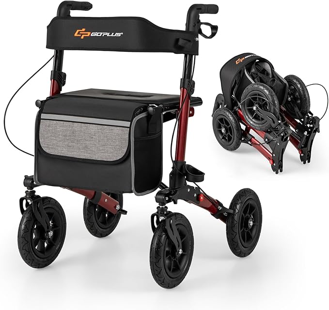 Goplus Walkers for Seniors with Seat, 2 in 1 Folding Rolling Rollator Walker with 9" Pneumatic Tires for All Terrain, Height Adjustment, Ergonomic Backrest, Aluminum Adult Mobility Walking Aid