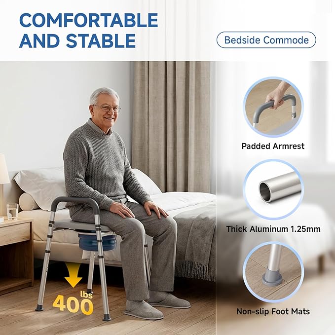 Bedside Commode with Bucket for Seniors, Toilet Chair with Padded Handles & Seat, 400 LBS Bedside Toilet with Adjustable Height & Width for Pregnant, Disabled, Handicapped,(Gray)
