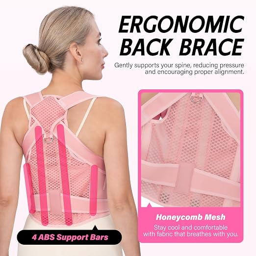 Back Brace Posture Corrector for Women & Men, Adjustable Full Back Support, Shoulder Straightener for Upper & Lower Back Pain Relief-Scoliosis, Hunchback, Waist Trainer (Medium, Pink)