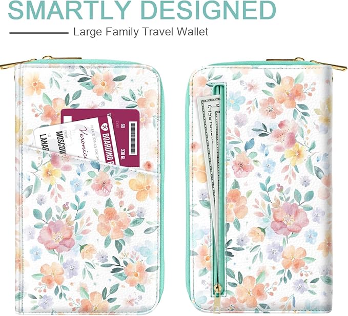 Family Passport Holder Wallet RFID Blocking Document Organizer | PU Leather Mulit-purpose Travel Wallet Credit Cards Case for Women Men,Watercoler Floral