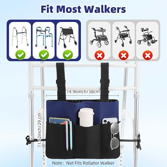 Rhino Valley Walker Bags for Walker Accessories for Seniors,Blue & Black | Walker Basket for Folding with Cup Holder, 7 Pockets with Adjustable Strap Rope,Foldable Walker Accessories for Seniors