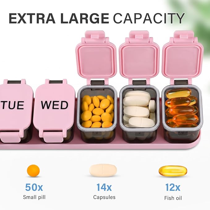 Yaklim Extra Large Weekly Pill Organizer - Waterproof 7-Day Pill Box, Portable Vitamin & Supplement Case, Easy to Open Design, Ideal for Travel and Daily Medication Management (Blackpink, 2 Packs)